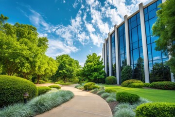 Modern office building with large glass windows surrounded by lush landscaped greenery and a winding walkway under a bright blue sky