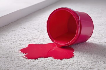 A bright pink paint bucket tipped over, spilling paint onto a white carpet in a modern, clean room