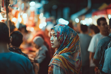 Obraz premium Arab woman in colorful hijab at night market gazes over shoulder