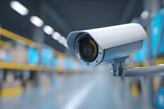 A modern security camera is mounted indoors, monitoring a brightly lit industrial or warehouse environment with shelves and storage boxes