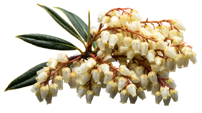 Delicate white bell-shaped flowers cluster on red stems with dark green leaves on transparent background