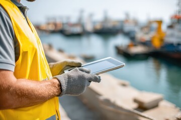 Worker in a yellow vest uses a tablet near a harbor, with ships and industrial equipment visible in the background