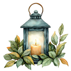 Vintage Lantern with Candle and Green Leaves – Watercolor Illustration PNG