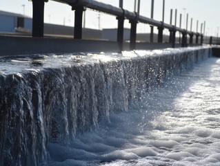 Water flows over an industrial ledge in a treatment plant, creating foam and sparkling droplets in the sunlight
