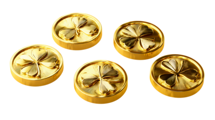 Five Golden Coins with Clover Emblem Isolated on White PNG