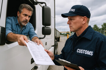 American, import, tariff Truck driver showing documents at checkpoint, guarded by customs officer, ensuring compliance and security