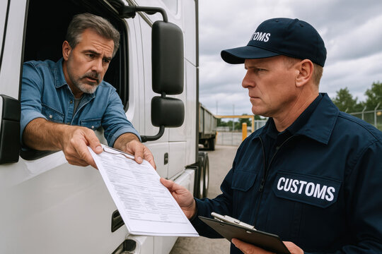 American, import, tariff Truck driver showing documents at checkpoint, guarded by customs officer, ensuring compliance and security