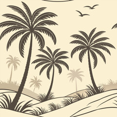 Vintage Desert Landscape With Palm Trees And Birds In Sepia Tones vector illustration
