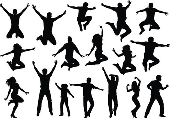 Jumping people silhouette vector collection, energetic man woman and kid poses, joyful dance leap clipart, happy celebration figures, black and white illustration
