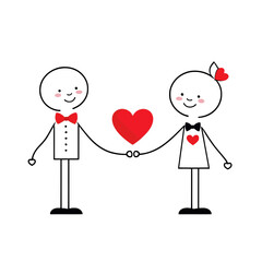 Stick figure couple holding a heart isolated on a white background
