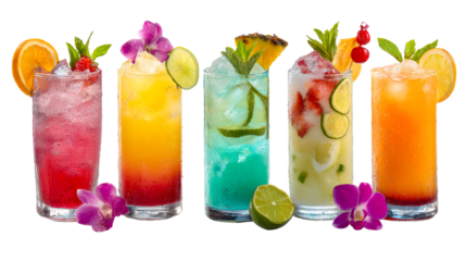 Five colorful layered tropical drinks with fruit garnishes and orchids on white