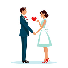 Newlywed bride and groom with heart holding red heart isolated on white background