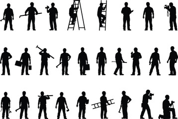 Construction worker silhouettes vector set, builder handyman in action poses, tools and ladder, repairman clipart, labor industry icons, black illustration