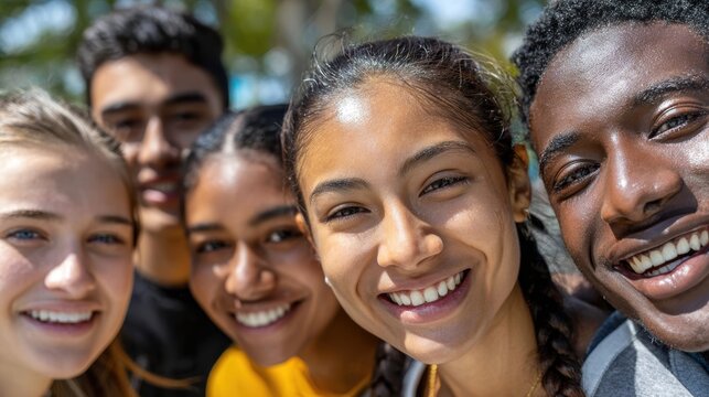 A group of diverse young adults smiling and posing closely together, showcasing friendship and unity. - Powered by Adobe