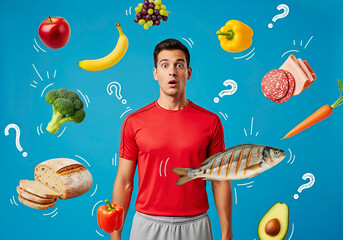 Man looks surprised by surrounding food items on blue backdrop. Conceptual image representing healthy eating choices. Nutrition questions, balanced diet, mindful eating.