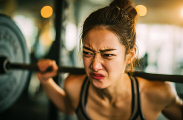 Obraz premium Lifting heavy barbell weights with focus and effort, a woman expression shows the determination and exertion required to build physical strength.