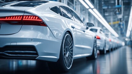 Obraz premium A row of sleek white cars lined up in a modern automotive factory with bright lighting and reflective floors