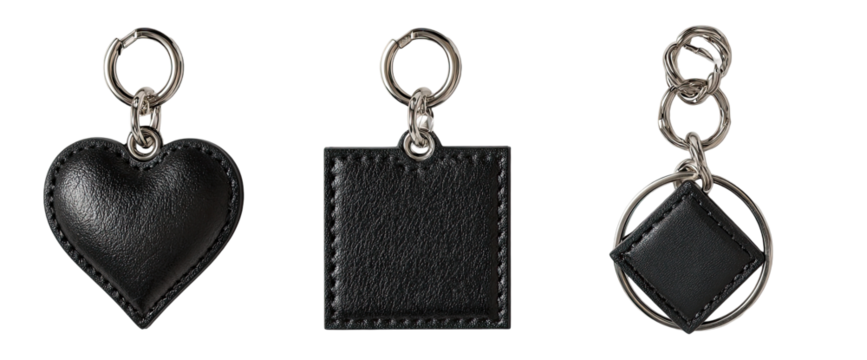 Three black leather keychains, heart, square, and diamond shapes, mounted on metal rings