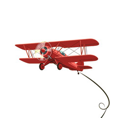 A classic red biplane with a spinning propeller flies through the air, trailing a thin, curved vine with a curled end.