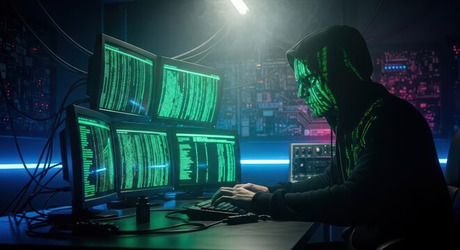 Man in hoodie and glasses typing on keyboard in a dark room with green matrix code reflecting on multiple computer screens. - Powered by Adobe