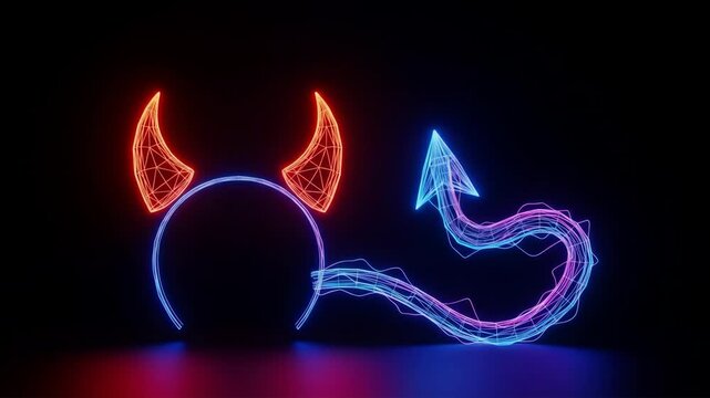 Neon Devil Horns and Tail - A 3D video of a vibrant neon headband with devil horns in red and a matching neon tail in blue.