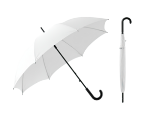 White umbrella, open and closed, showing handle