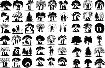 Couple Sitting Under Tree Silhouette – Romantic Love Icon Set Lovers Resting in Nature Silhouette – Couple Under Tree Icon
