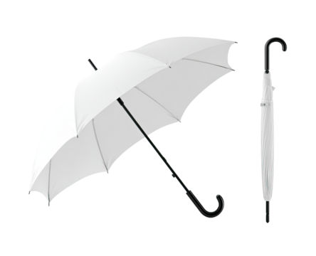 White umbrella, open and closed, showing handle