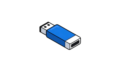 Simple, stylized, isometric view of a blue USB flash drive.  Dark background.  Visually represents data storage