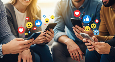 Group of people using smartphones with social media icons. A vibrant depiction of digital connectivity and sharing. Online community, trending content, modern lifestyle.