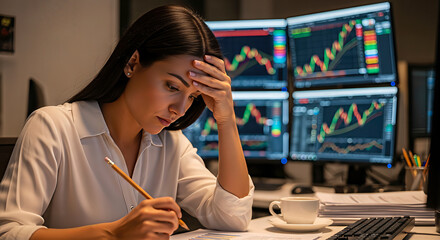 Woman analyzes stock charts at desk late. A close-up shot of concern and focus. Financial analysis, investment strategy, market downturn.