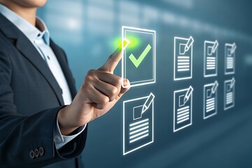 Business professional selecting a completed task on a digital checklist