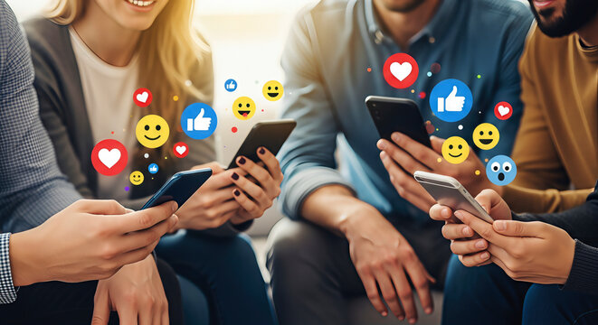 Group of people using smartphones with social media icons. A vibrant depiction of digital connectivity and sharing. Online community, trending content, modern lifestyle.