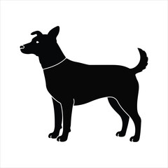 A black silhouette of a medium sized dog standing alert on a white background silhouette