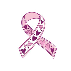 pink ribbon with a heart pattern for Breast Cancer Awareness. A symbol of love support and community for patients and survivors. A cute doodle illustration