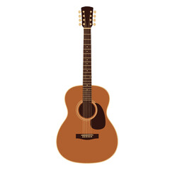 Fototapeta premium A brown acoustic guitar with a dark brown pickguard and headstock, set against a plain white background.