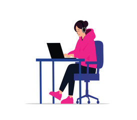 Young woman in pink hoodie using laptop, headphones on, modern minimalist style, focused work, remote work concept.