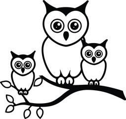 A family of Owls perched on the branches of a tree silhouette