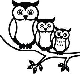 A family of Owls perched on the branches of a tree silhouette