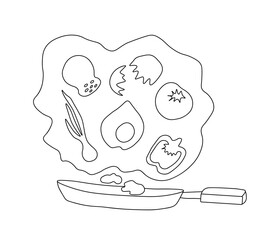 Outline of above a frying pan, an omelet, an eggshell, a tomato, an onion, half a bell pepper, a salt shaker. An omelet recipe concept.  Vector illustration on a white background