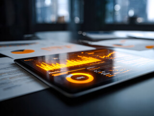 Business analytics and data visualization on a digital tablet in a modern office setting