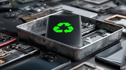 A smartphone with a green recycling symbol is placed among disassembled phones, highlighting electronic waste recycling and sustainability
