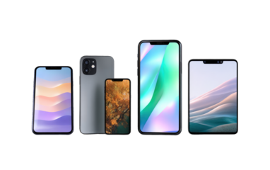 Five smartphones of varying sizes, displayed in a row.  Each phone shows a different, stylized screen graphic