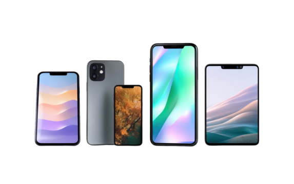 Five smartphones of varying sizes, displayed in a row.  Each phone shows a different, stylized screen graphic