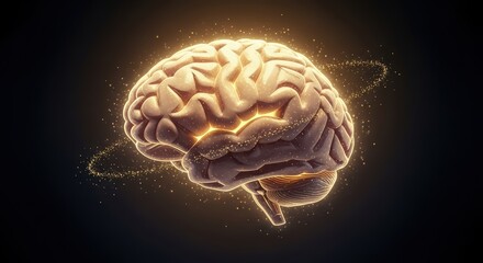 Human brain with glowing light and particle trails. Concept of intelligence, thought process, and mental activity. Neural network power.