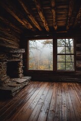 Rustic Log Cabin Interior with Stone Fireplace and Window View of Autumn Forest