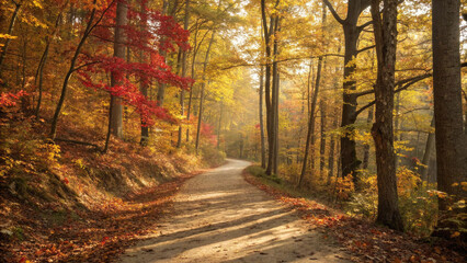Obraz premium Fall foliage scenic drive on a dirt road through autumn forest with colorful leaves and trees landscape