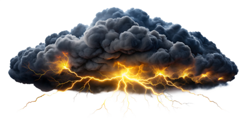 A massive, dark, ominous storm cloud with bright yellow lightning striking from below, isolated on transparent background