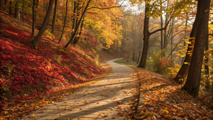 Autumn forest path scenic landscape fall foliage trees nature trail outdoor walk beautiful season scenery
