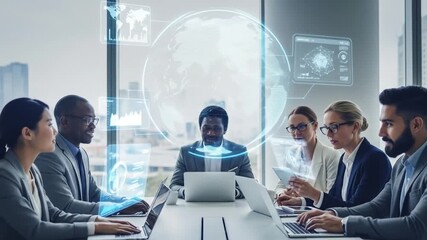 Diverse business team collaborating in a modern office with digital global data visuals - Powered by Adobe